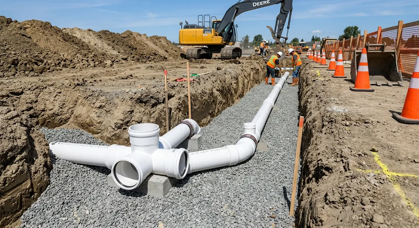 New PVC sewer pipe installation in open trench for Sewer Backup in Middleborough