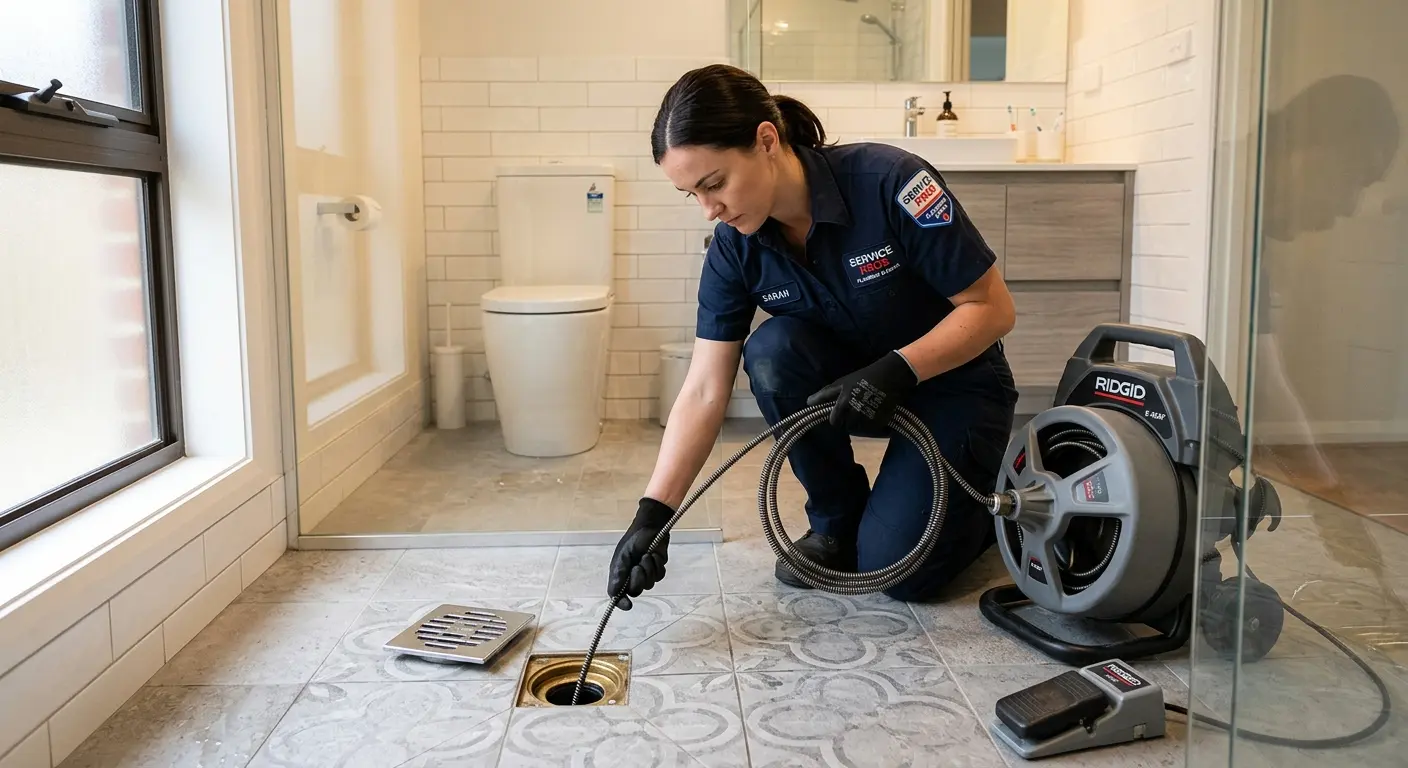 Technician clearing a bathroom floor drain for Clogged Drain Repair in Middleborough